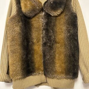 Venue Faux Fur Ribbed Sweater Cardigan Brown and Tan Faux Zip Front Y2K